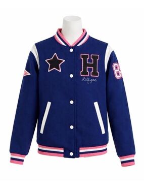 Size XL (16) Tommy Hilfiger Girls Varsity Jacket Blue Pink Logo Letterman Snap